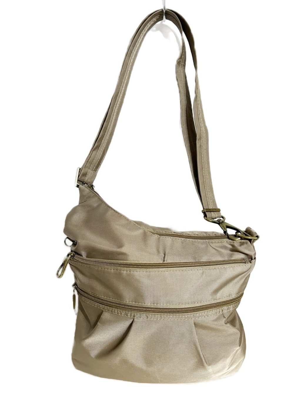Travelon Beige Nylon Crossbody Shoulder Bag Multi-Zip Security Pockets Light